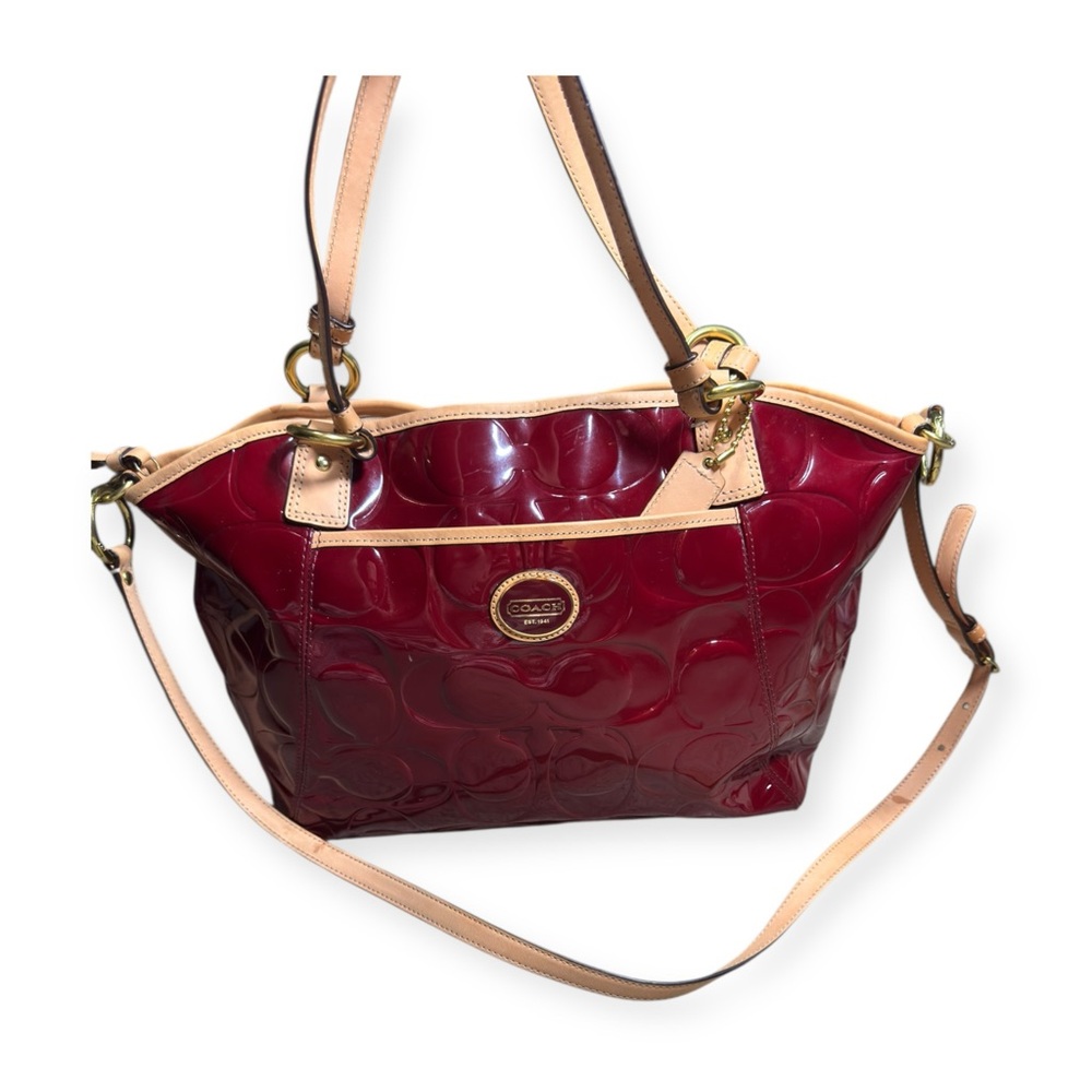Coach F20023 Signature Burgundy Tote Bag Embossed Patent Leather Peyton Tote Y2K